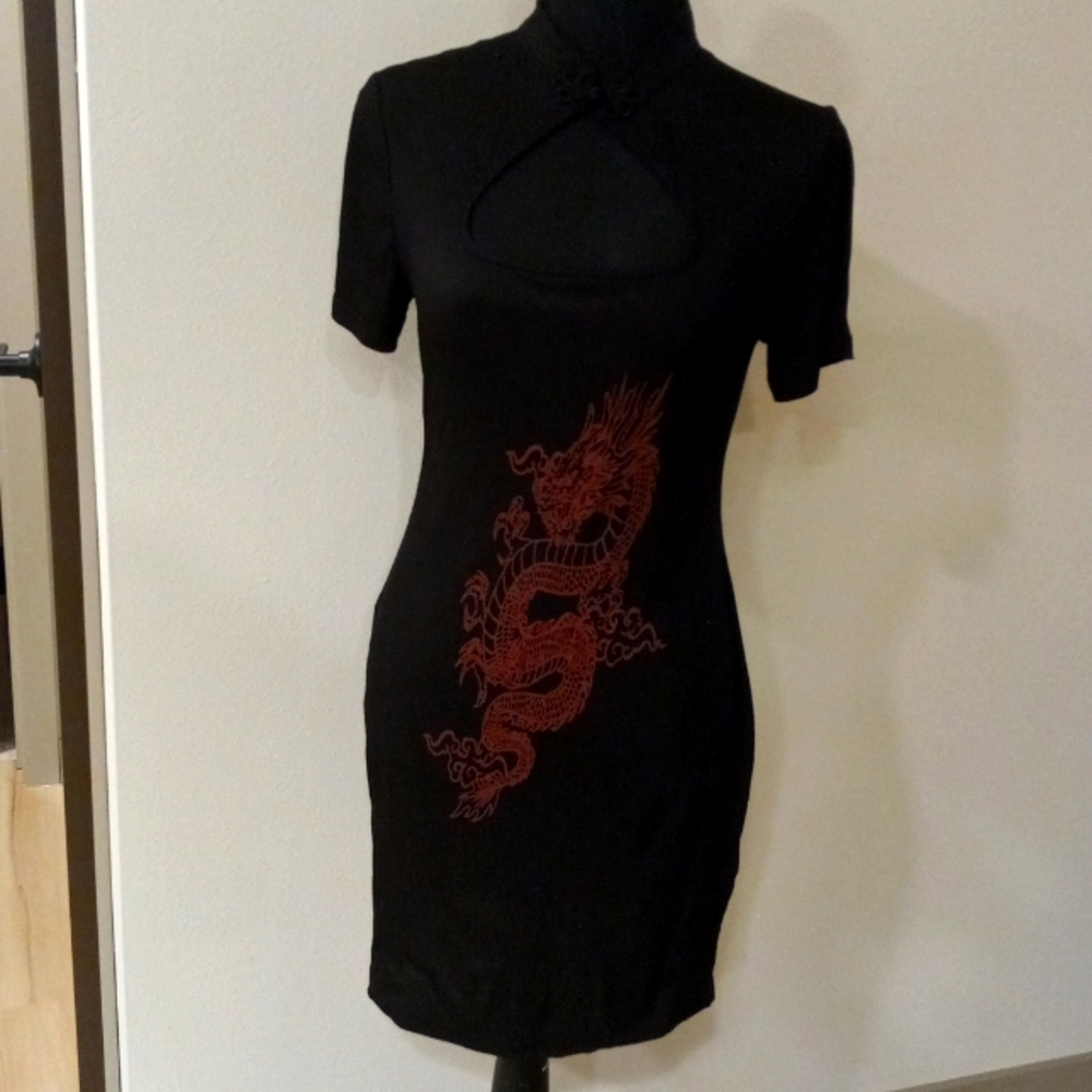 open lace back dress Women's Red Dragon Pattern Jacquard Cybernetic Dress